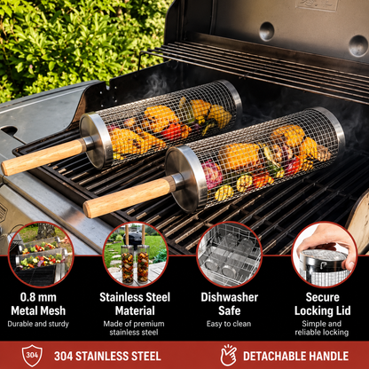 📣BUY 2 SAVE 50%⏰Rolling Grill Basket – Keep Every Bite, Grill Every Side